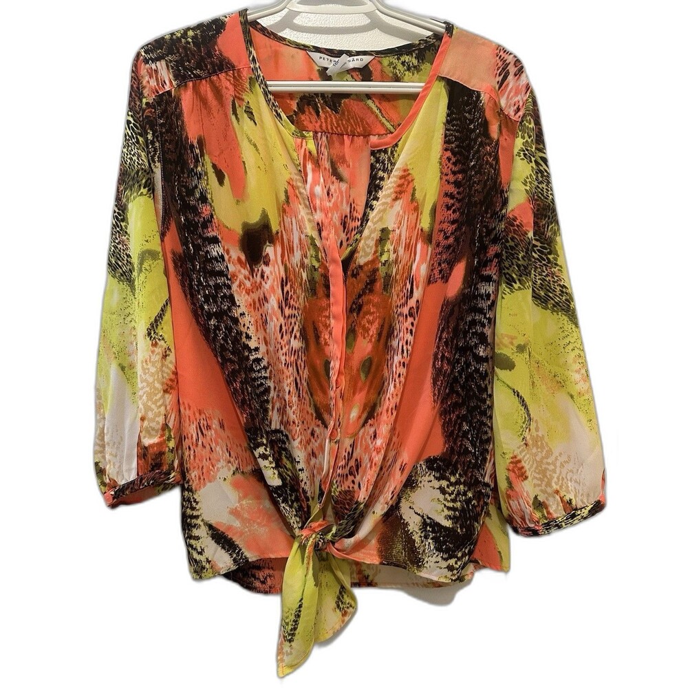 Peter Nygård Petite 16P Blouse Top Tie Front Abstract Print Sheer 3/4 Sleeve